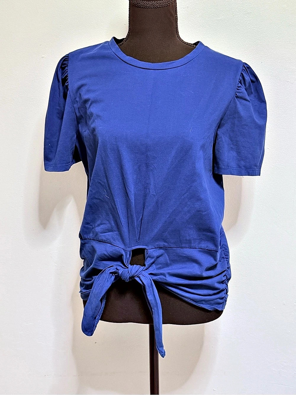 Mac and Me Ruched Tie Hem Top in Blue Size Large